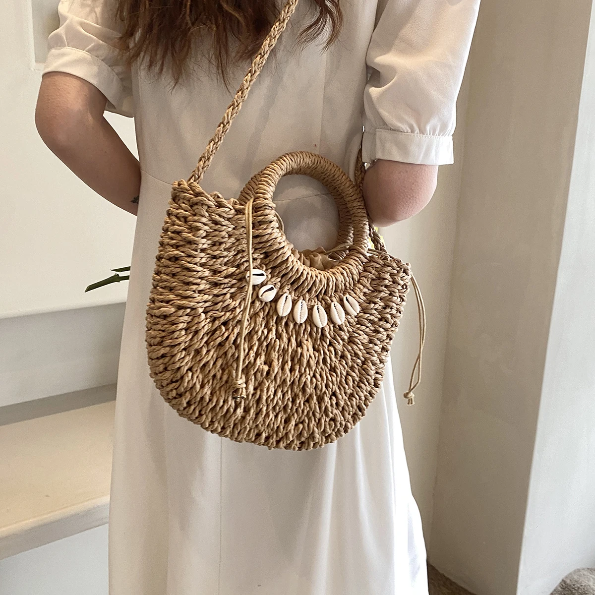 

Summer Handmade Bags for Women Beach Weaving Ladies Straw Bag Wrapped Beach Bag Moon shaped Top Handle Handbags Totes