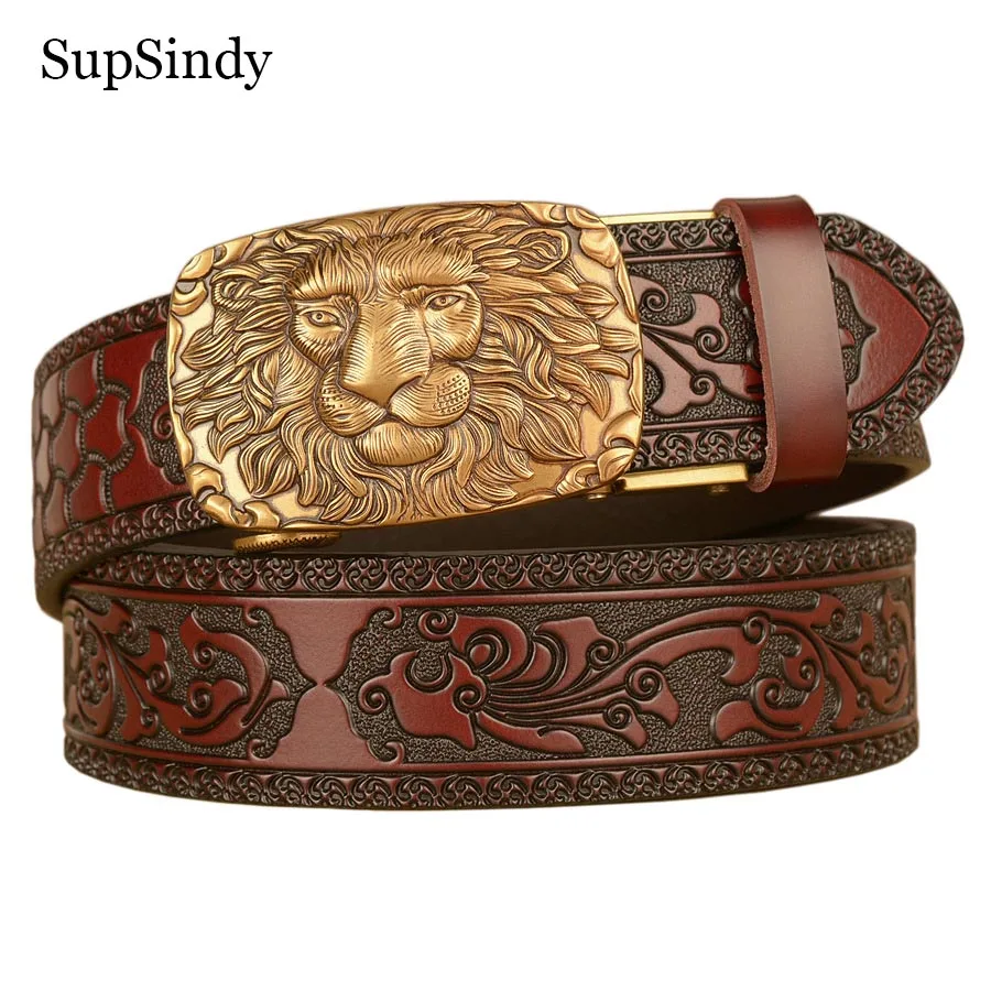 

SupSindy Men Genuine Leather Belt Luxury Gold Lion Metal Automatic Buckle Cowhide Belts for Men Jeans Waistband Male Strap Black