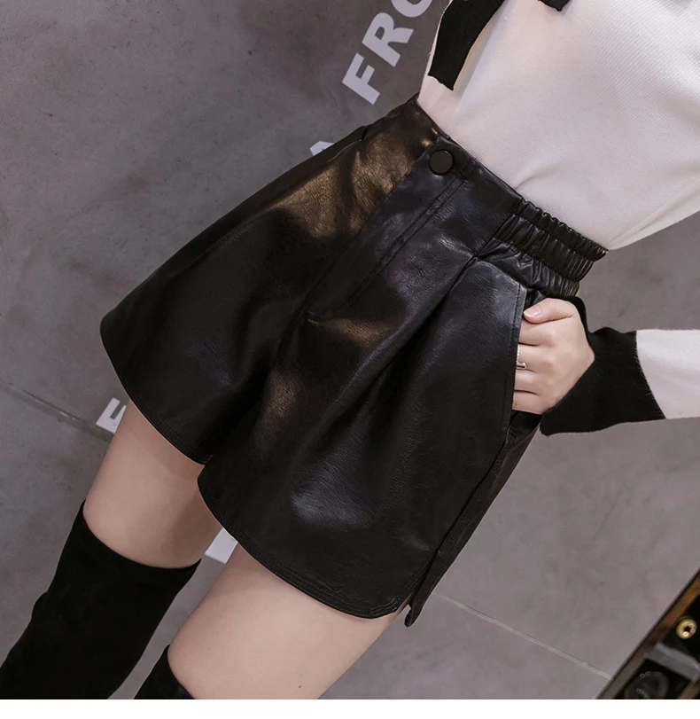 Black Loose Soft Pu Leather Shorts Women Wide Leg Faux Leather Shorts High Waist 2021 Winter Female Short Pants Femme Pantalon short pants