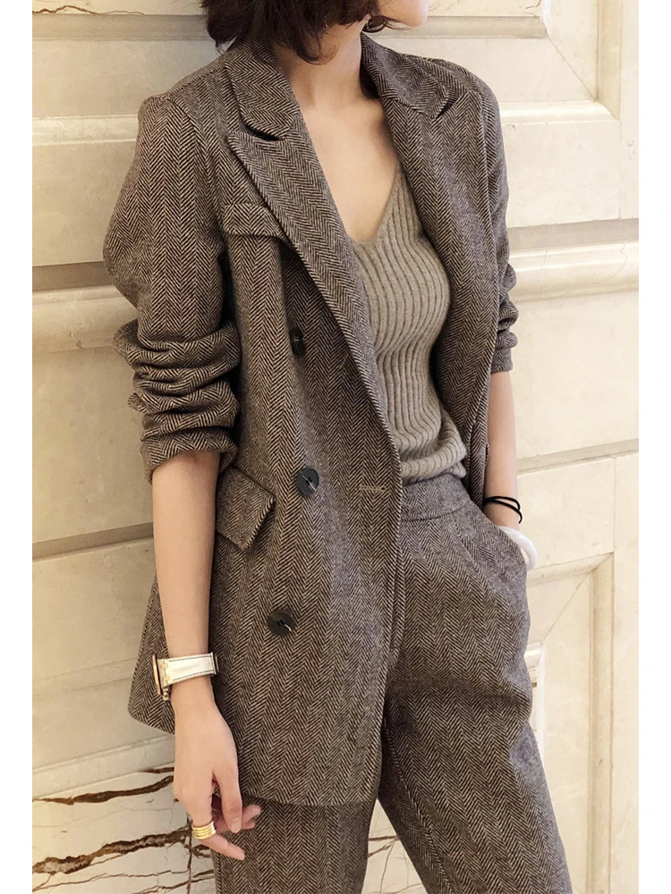 Women Woolen Blazer and Pantsuits Chic Elegant Korean Fashion Trousers Outfits Autumn New Female Suit Jacket 2 Piece Sets