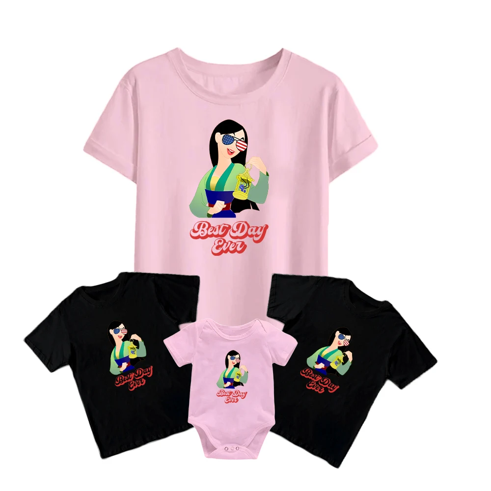 

Disney T Shirts Mulan With American Flag Sunglasses Kids Short Sleeve Baby Girl Boy Baby Romper Family Matching Adult Unisex