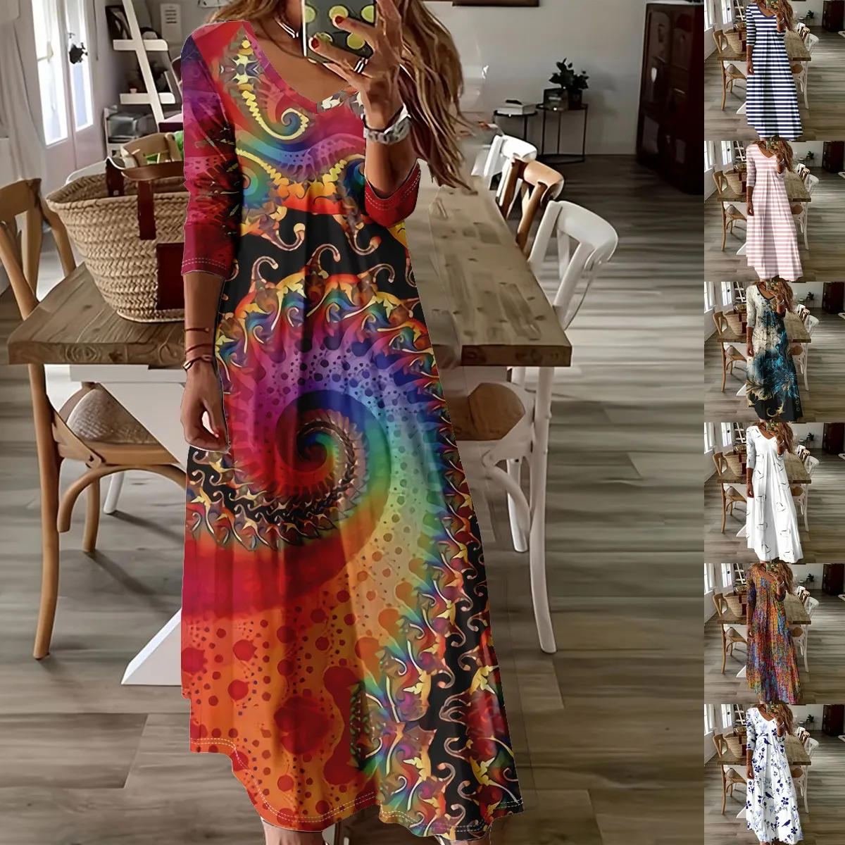 فستان نسائي مطبوع برقبة على شكل حرف V على الموضة الأوروبية والأمريكية لعام 2025