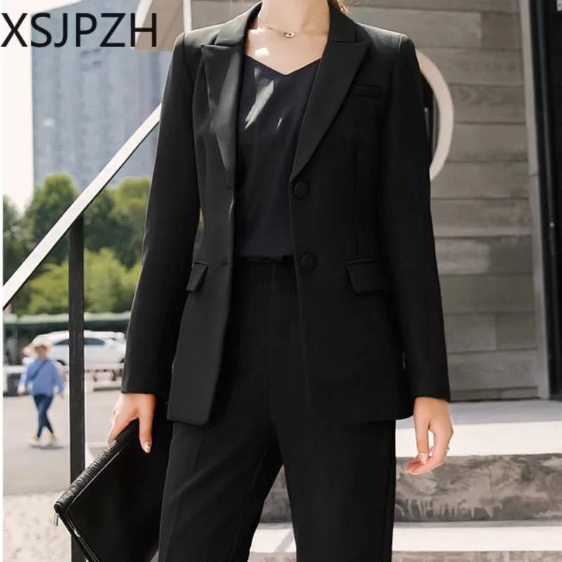 Business Professional Suit Fashion Elegant Single Breasted Lapel Top Nine Point Pencil Pants Overalls Office Ladies Blazer Set