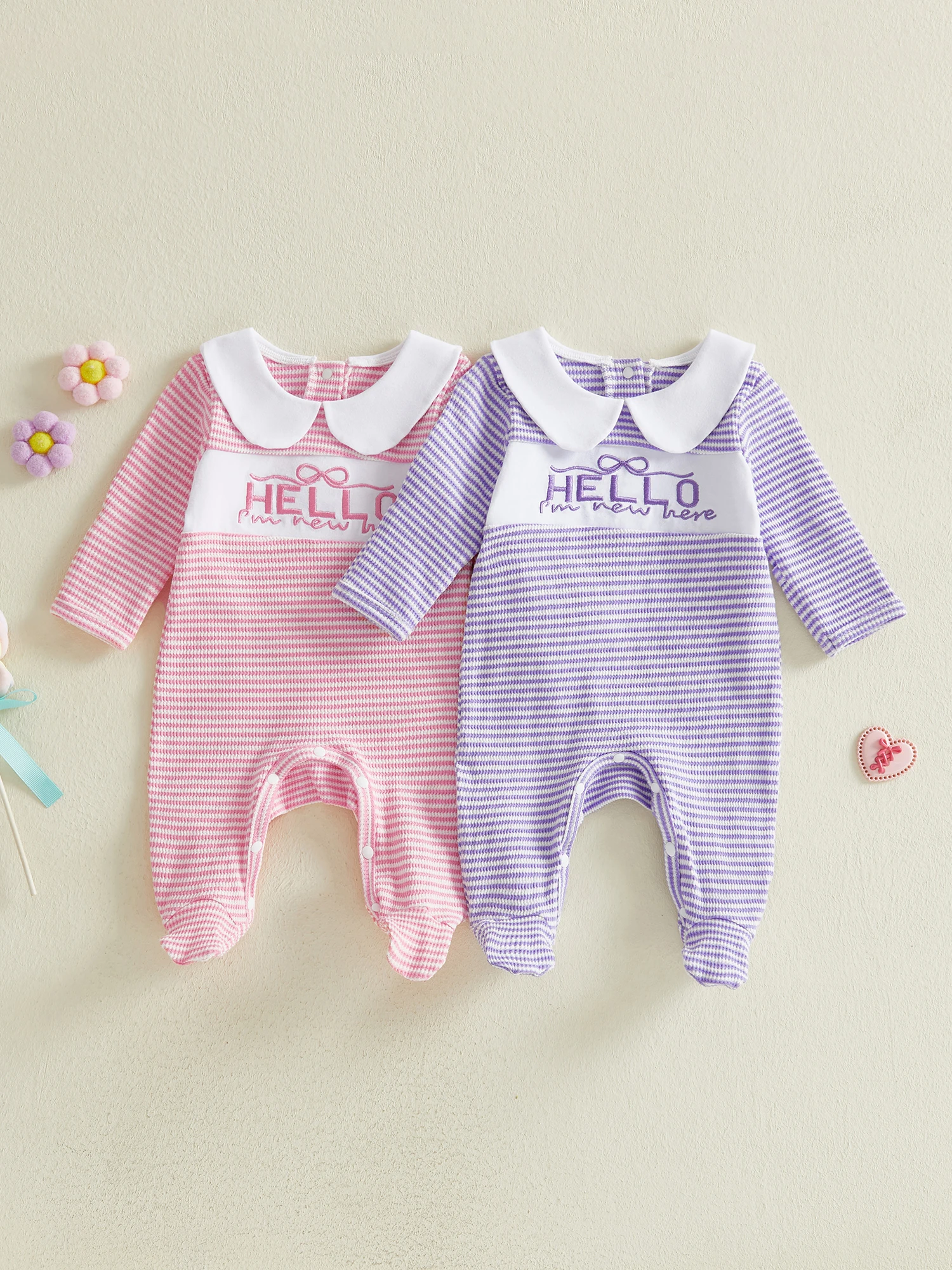 Toddler Girl Autumn Romper with Long Sleeves Peter Pan Collar Embroidered Bow Detail and Striped Design - Adorable