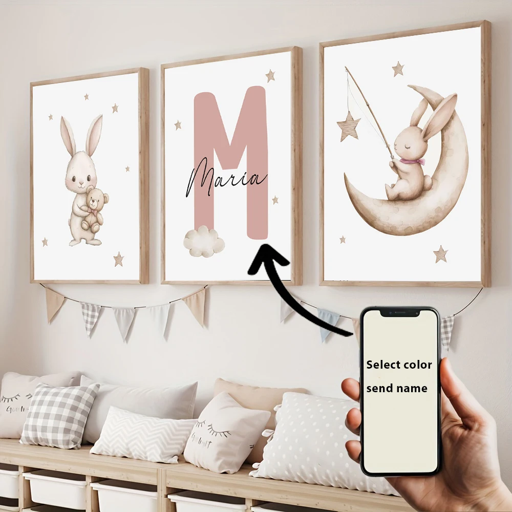 3 custom-named rabbit-themed children's room artworks ,watercolor rabbit decorative painting,personalized bedroom and home decor 1