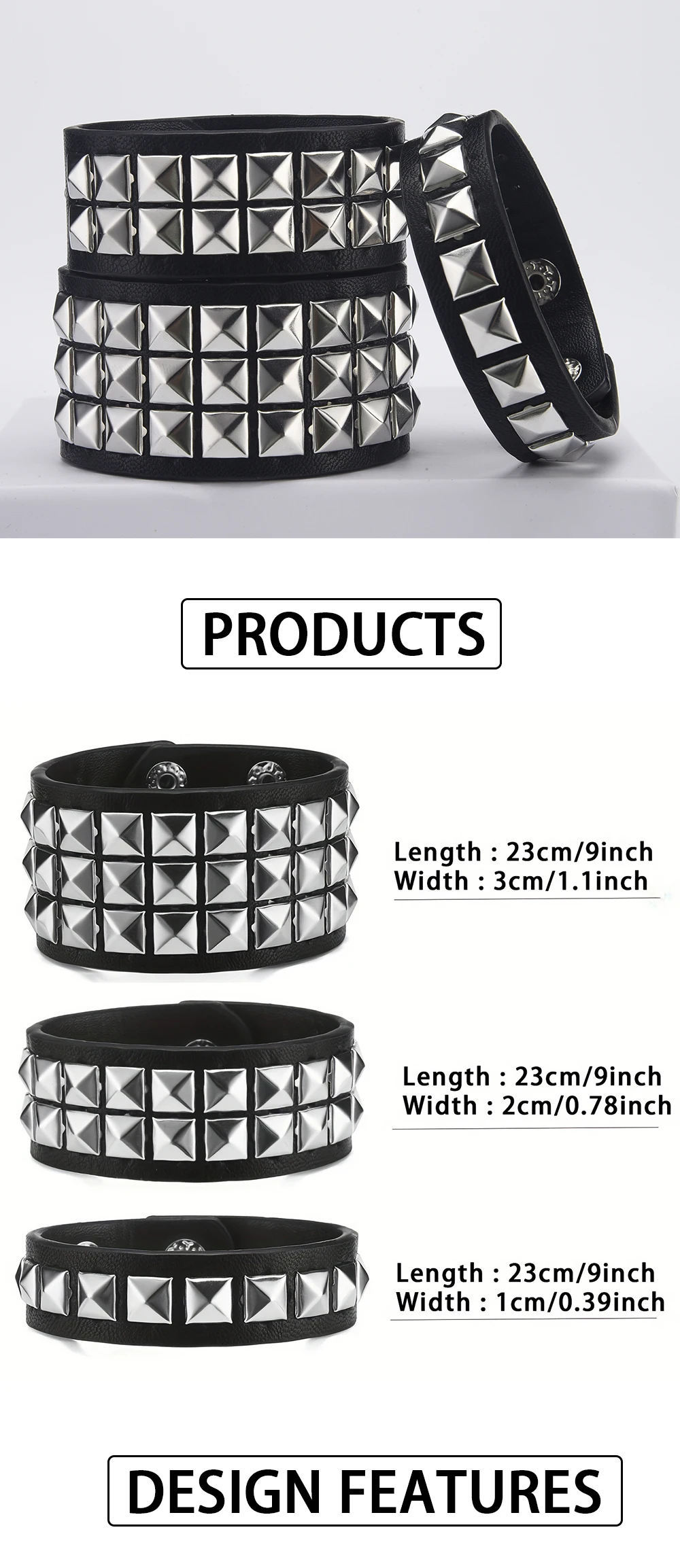 Y2k Handgelenk Mode quadratische Perle Niet Armband personal isierte Retro Pyramide Punk Pu Armband Gürtel riemen geeignet für Männer Frauen – Detail 1