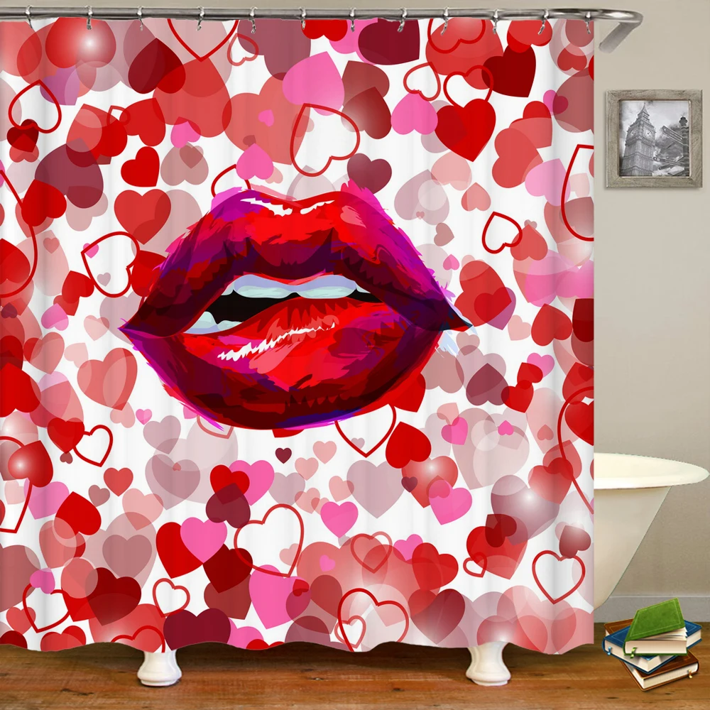 

3D Sexy Red lips Love Heart Shower Curtain Polyester Waterproof Bathroom Curtain Home Decor Curtain With Hook Washable 240*180cm