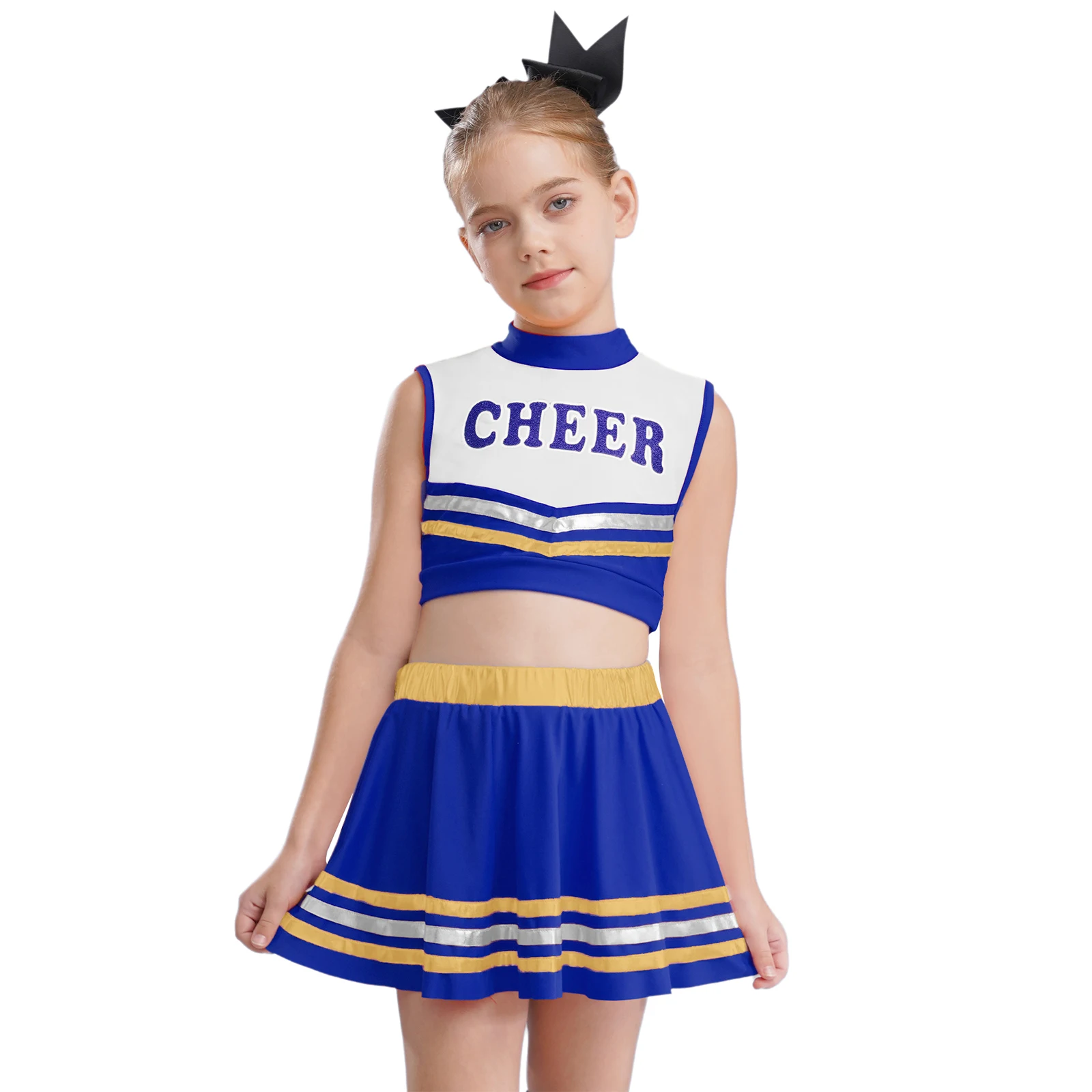 Kinder Mädchen Cheerleader Cheerleading Tanz Performance Kostüm Buchstaben bedrucktes Crop Top mit metallisch gestreiften Rock und Shorts – Detail 25