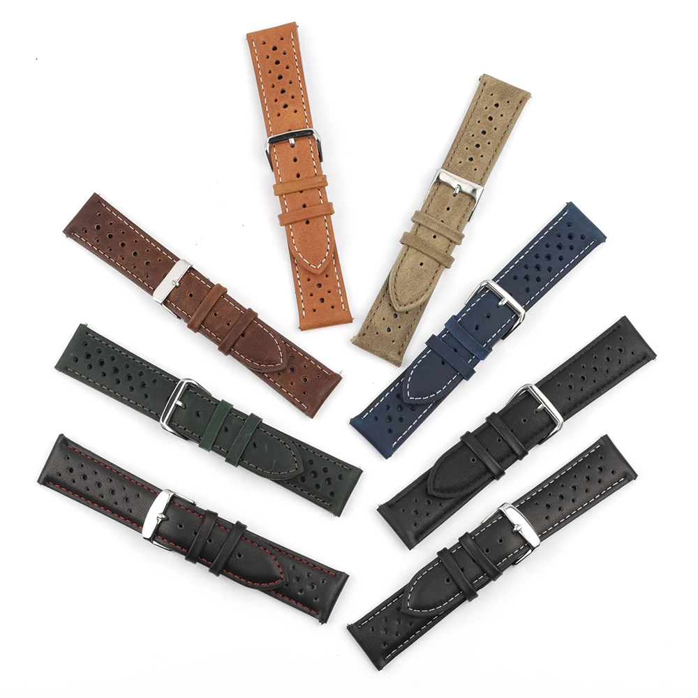 Vintage Handmade Leather Watchband - Black & Brown Breathable Strap