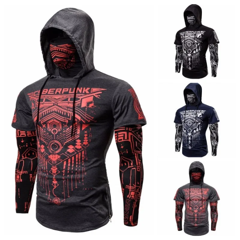 PERSONALITY Mens Skull Mask Hoodies Sweatshirt Fake Two Pieces Men Punk Jogging Homme Pullover Elastic Streetwear Hoodie