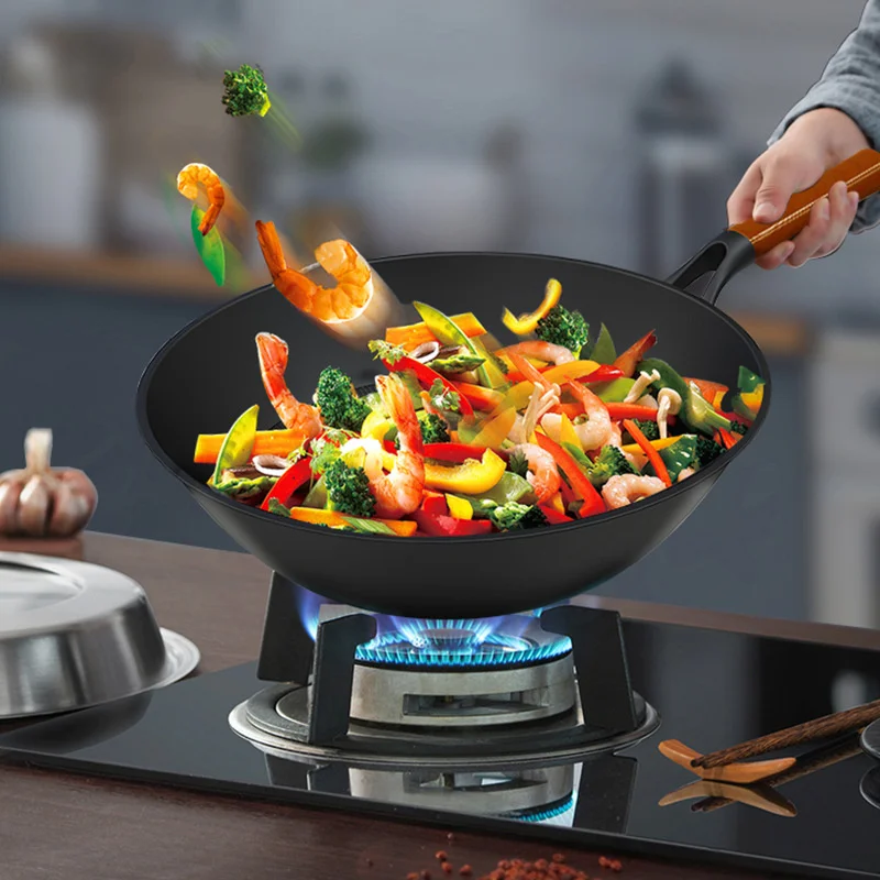 Mocka Meislabang Iron Pot Second-generation Household Round Bottom Wooden Handle Frying Pan, Anti Scald, Easy To Wash, Electric 2