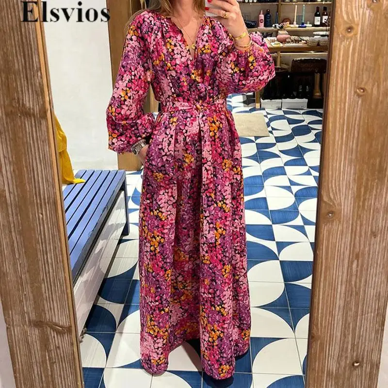 

Ladies Elegant Floral Print Lace-up Party Dress 2024 Temperament V Neck Pleat Long Dress Bohemian Women Long Sleeve Beach Dress