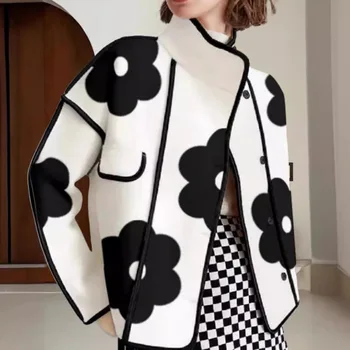 Vestes pour femmes printemps-automne, mode, imprimé floral noir, col haut, manches longues, boutonnées, manteaux décontractés, nouveauté