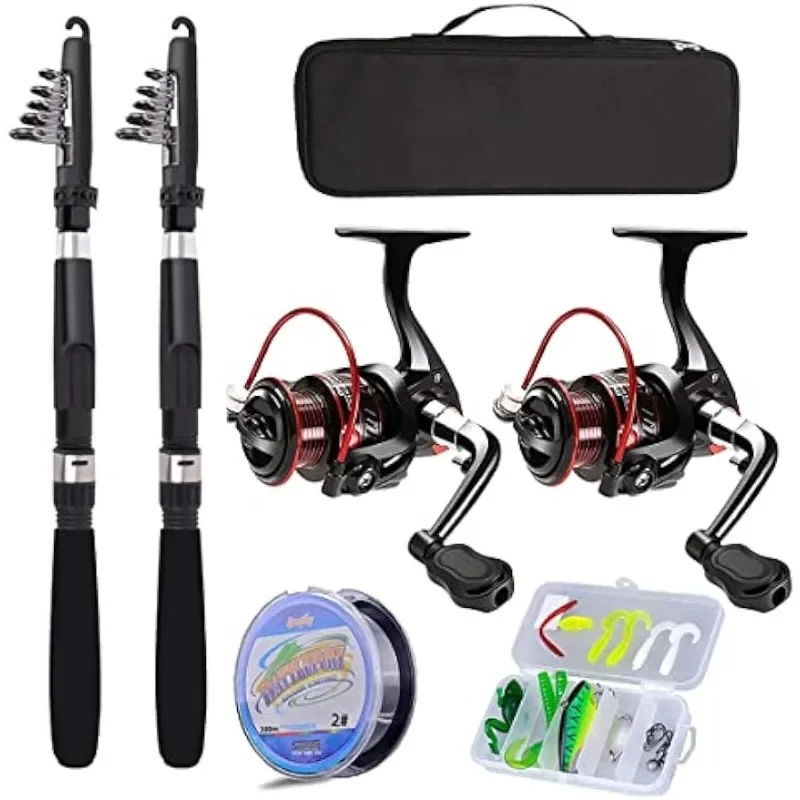 

Fishing Pole Combo Set,2.1m/6.89ft 2PCS Collapsible Rods 2PCS Spinning Reels Lures Set Carrier Bag Carbon Fiber Telescopic