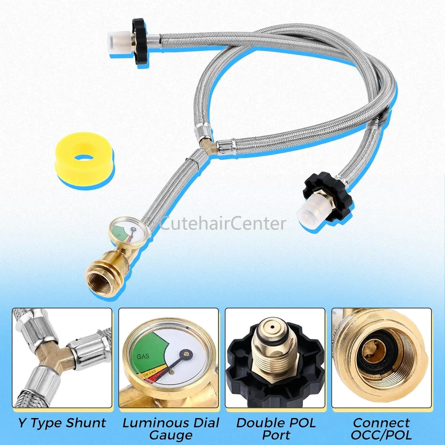 1kit Dual Propane Tank Connection Y-Splitter 2 Way POL & QCC Stainless Steel Hose Connect 5-100lbs Cylinder Grill Heater 350PSI