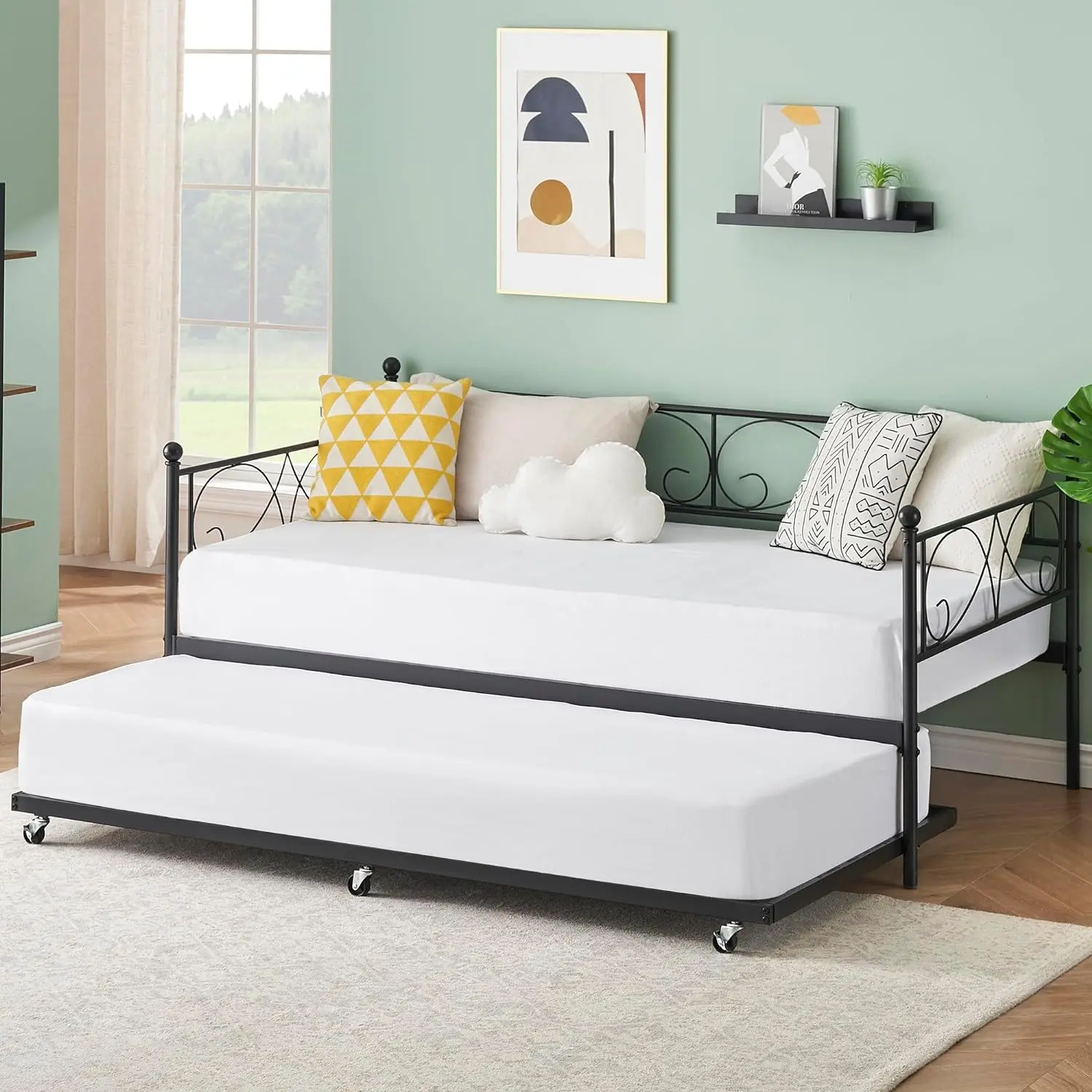 

Metal Daybed Frame with Trundle Heavy Duty Metal Slats/Mattress Foundation Platform Sofa Bed with Headboard for Bedroom, Twin