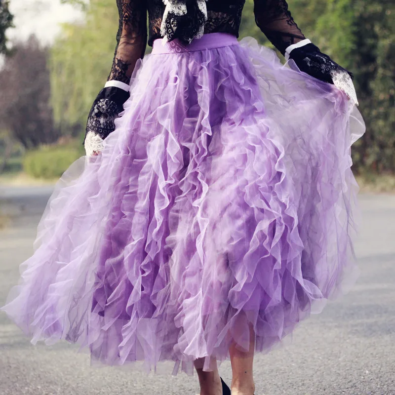 

Women's Skirt 2023 New Heavy Industry Purple Mesh Yarn Wooden Ear Edge Pengpeng Skirt A-Line Long Gauze Skirt Free Shipping