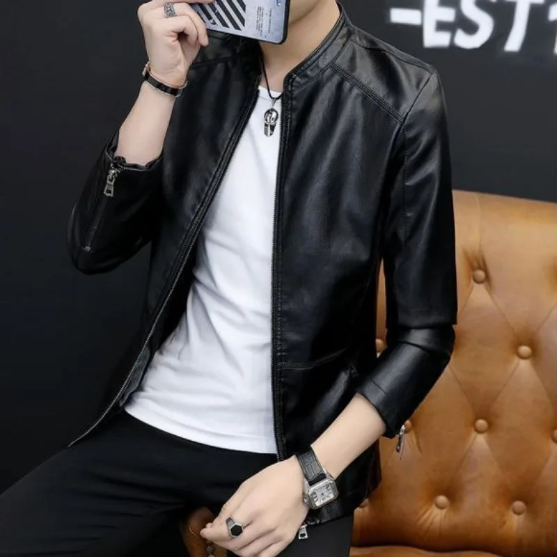 2023 New Men Winter Leather Clothing Short Slim Middleyounger Overcoat Brushed Warm Jacket Stand Collar Handsome Outwear