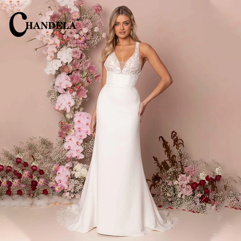 

CHANDELA Charming Tank Trumpet Wedding Dresses For Bride V-Neck Lace Appliques Tulle Backless Made To Order Vestidos De Novia