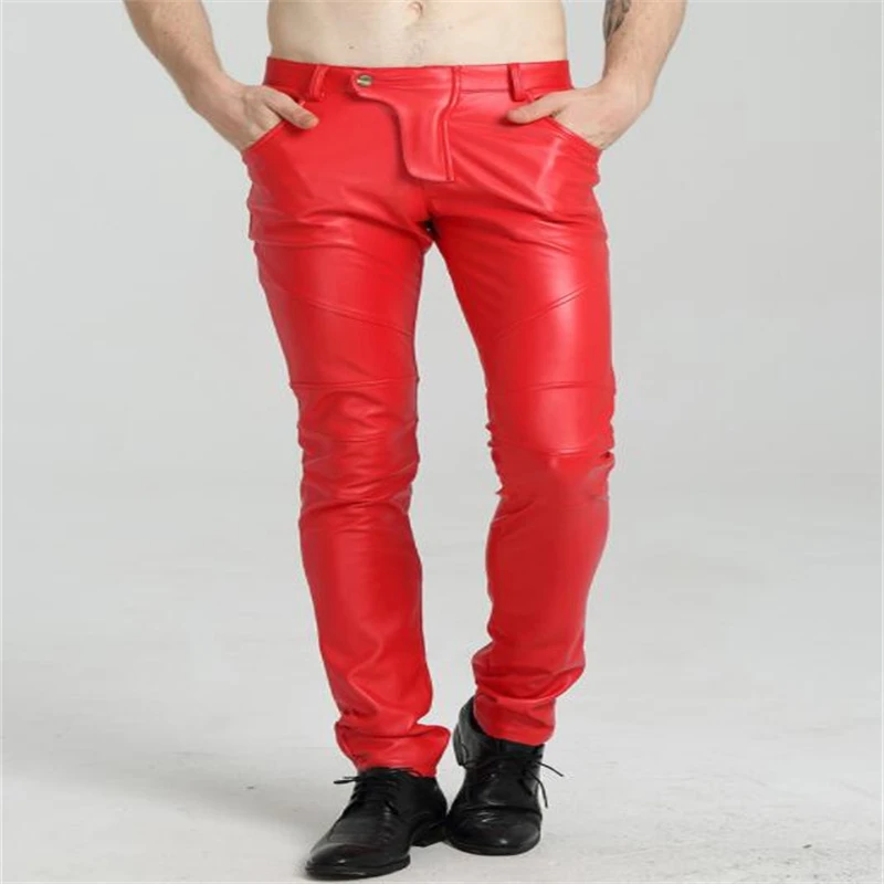 Autumn red motorcycle faux leather pants mens feet pants fashion tight pu  trousers for men personality pantalon homme|Harem Pants| - AliExpress