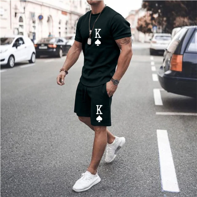 Summer New Men's T-Shirt + Shorts 2-Piece Set Of Crown King 3D Printing Oversized Casual Street Harajuku Hip-Hop Retro Round Nec TS1138