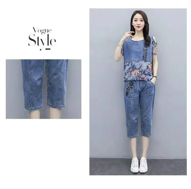 2024 Summer New Western Fashionable Set Women's Simple Fat Sister Slimming Imitation Denim Capris