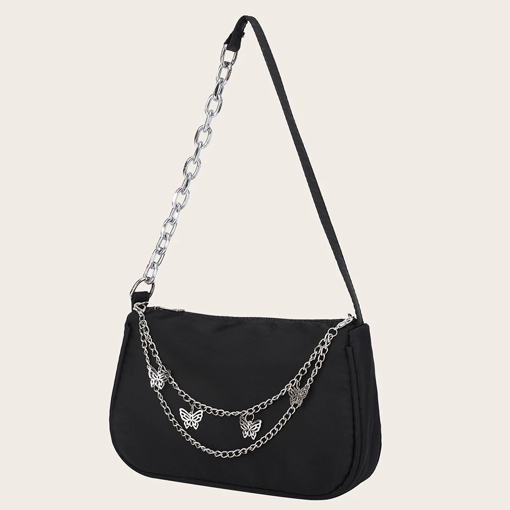 Women Butterfly Chain Shoulder Bag Fashion Nylon Female Black Underarm Bags Y2k Small Tote Handbags Trendy Armpit Purse