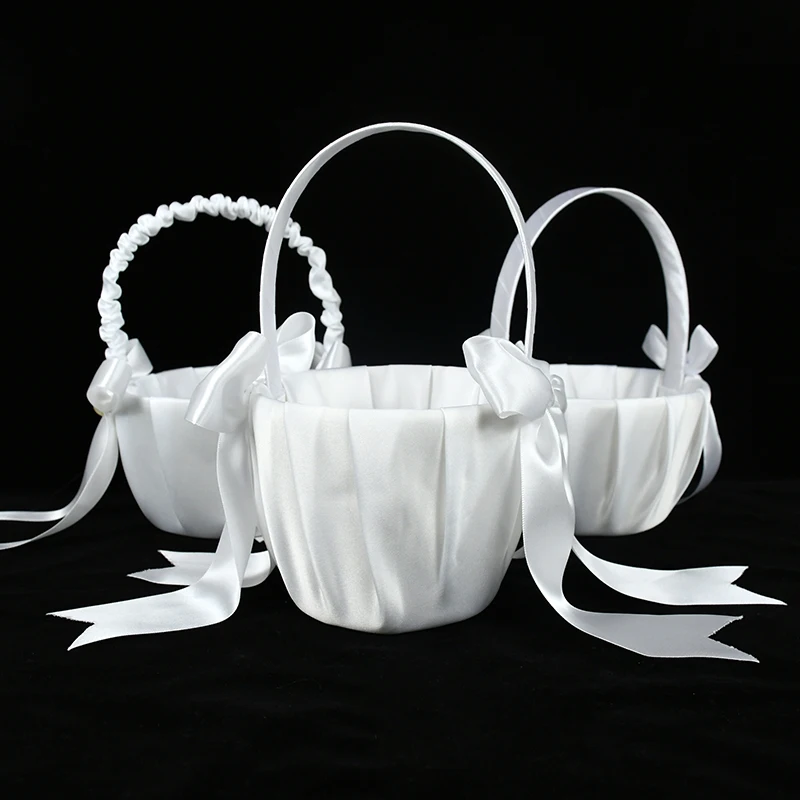 WhiteFlowerBasketWeddingFlowerBasketWithSatinBowknotWedding