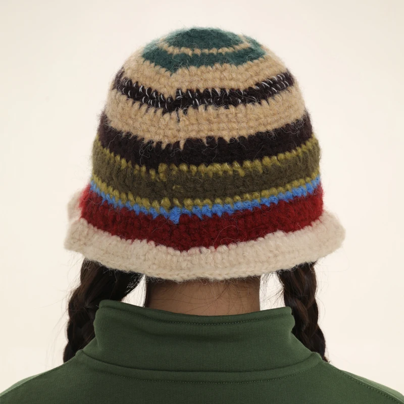 Winter Korean Handmade Crochet Striped Bucket Hat Women Retro Contrast Color Warm Fisherman Hat Girl Fashion Knitted Beanies Hat 2