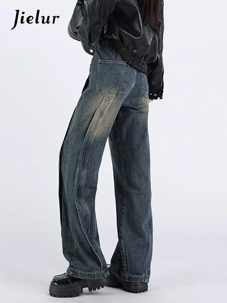 Jielur High Street Loose Fashion Simple Women's Jeans Slim New Casual Straight Vintage American Style Chic Female Wide Leg Pants