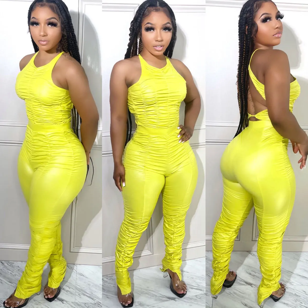 Sexy Pu Leather Two Piece Set Women Party Club Matching Sets Solid Halter Lace Up Crop Top Stacked Flare Pants Outfit Tracksuit