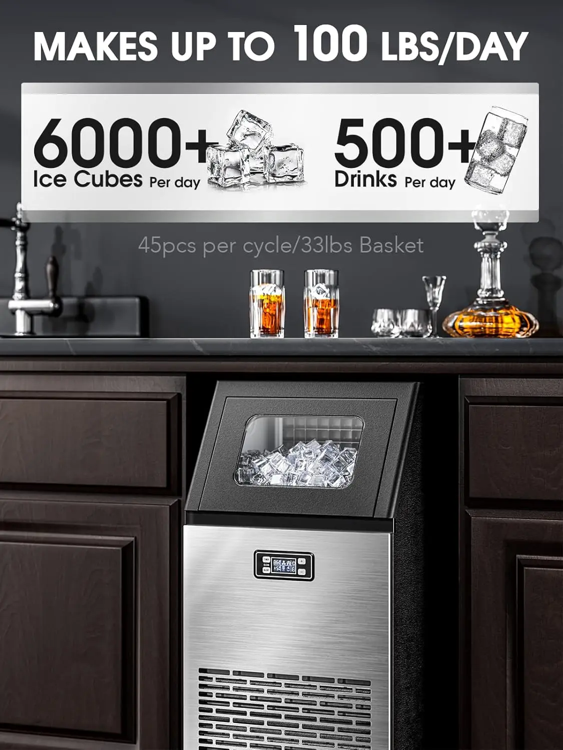 V2.0 Commercial Ice Maker,100 lbs,2-Way Add Water,Under Counter Ice Maker Self Cleaning,Ice Machine with 24 Hour Timer,33 lbs 2