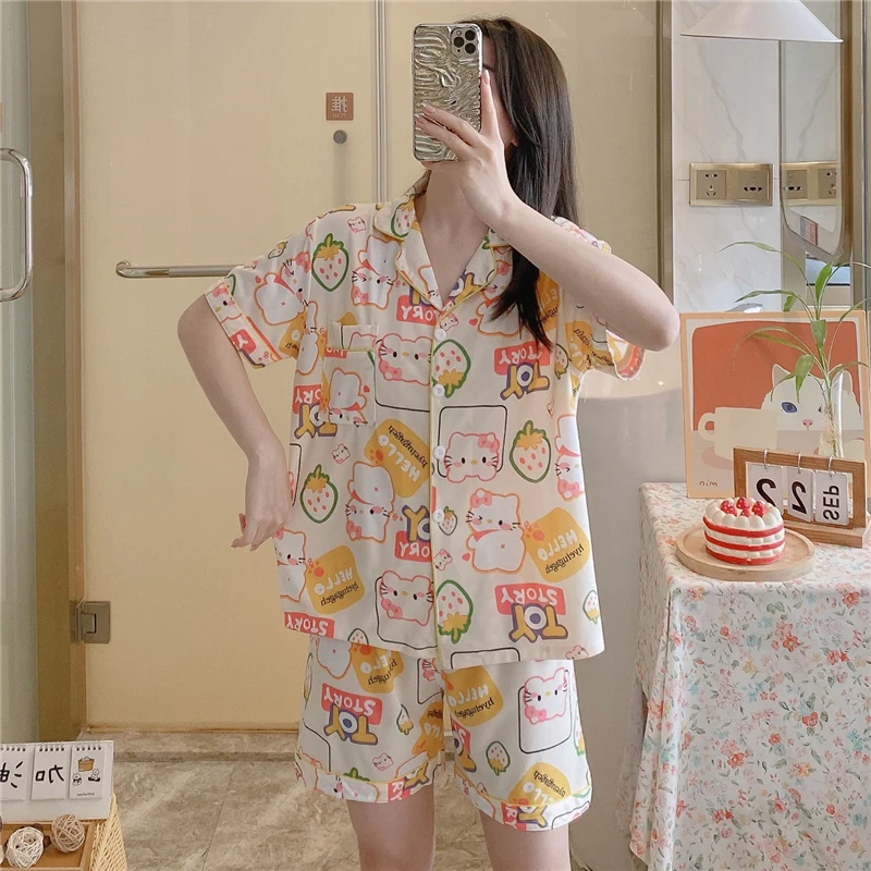 Kawaii Sanrio Hello Kitty Woman Pajamas Kuromi My Melody Cinnamoroll Summer Lady Short Sleeve Suit Girl Home Clothes Nightdress