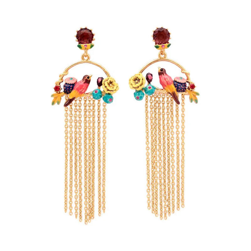 

Handmade Enamel Glazed Cactus Desert Series Bird Flower Tassel Long Earrings Personalized Earrings Earrings Clip Girl