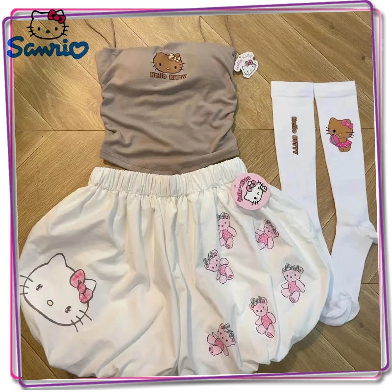 

Sanrio Hello Kitty Tops&tees Kawaii Anime Tank Top Cute Girl Summer New Strap Bottom Shorts Casual Costume Set Birthday Gift