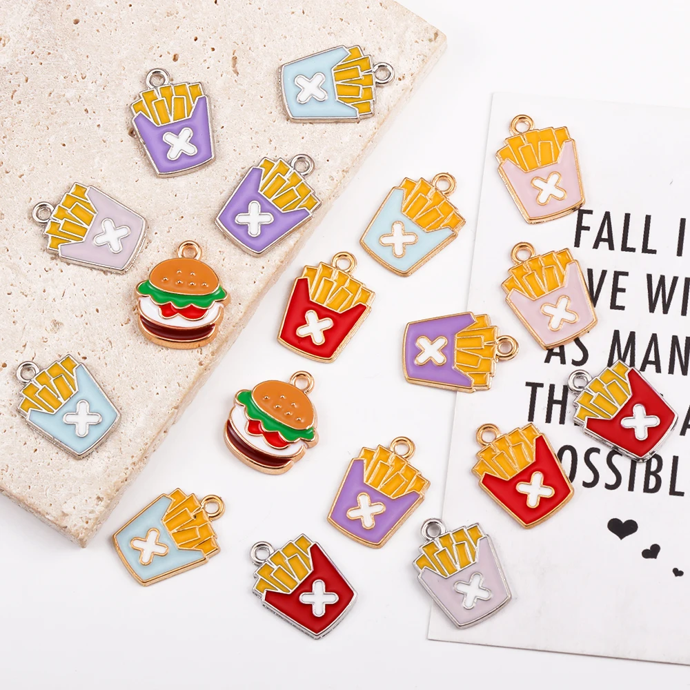 

15Pcs 17*15MM Fashion Enamel Alloy Food Burger Fries Charm Fun DIY Necklace Earrings Bracelet Making Supplies Accessories Gifts