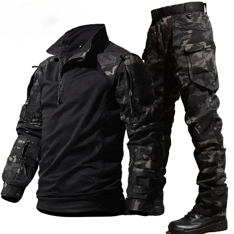 Outdoor Suit Set Men Outdoor Training Suit Durable Breathable T-shirt Cargo Pants Set Waterproof Multiple Pockets Camo 2 Pcs Set