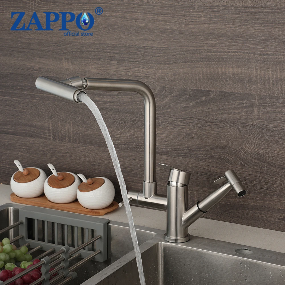 ZAPPO Pull-Out Kitchen Sink Faucet Multifunctional Pressurized Sprayer Booster Nozzle Cold Hot Water Mixing Tap 2 Mode Outlet