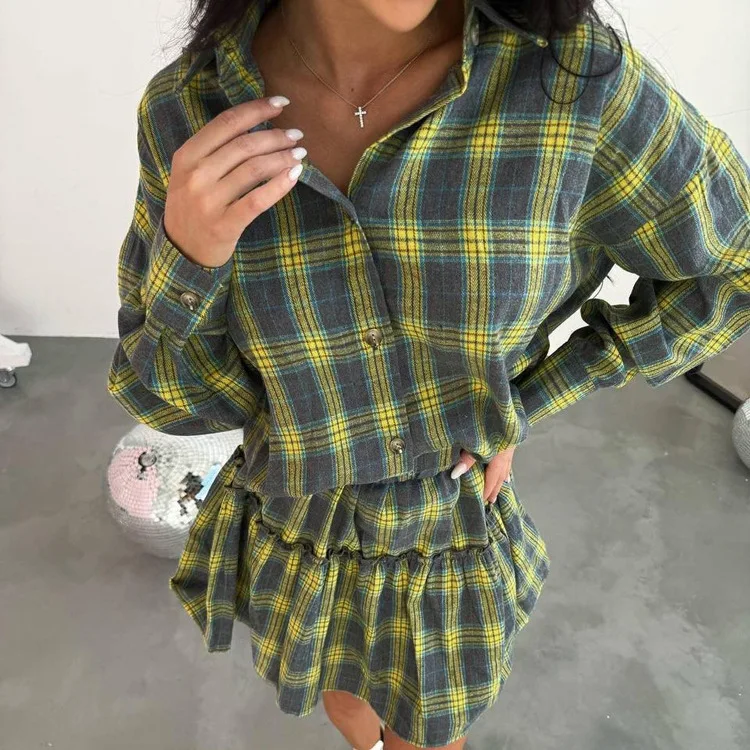 Female 2 Piece-Set Pleated Skirts Fashion Contrast Lapel High Waist Spring 2025 Shirts Outfits Women's Mini Skirt Sets New 22 Female 2 Piece-Set Pleated Skirts Fashion Contrast Lapel High Waist Spring 2025 Shirts Outfits Women's Mini Skirt Sets New