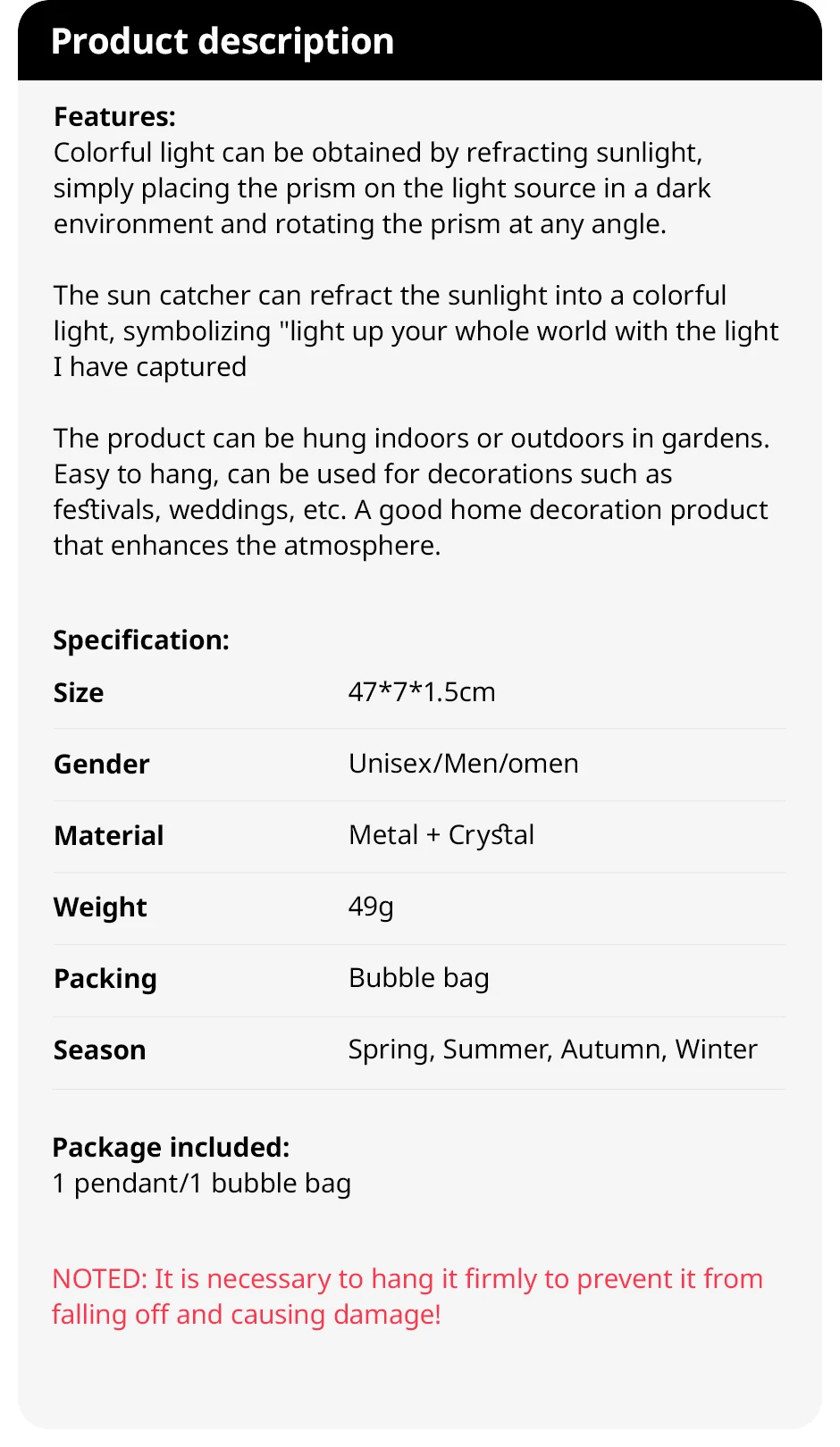 Description Picture 2 of item1 Pc Gold Star Moon Outdoor Lighting Crystal Wind Chime Hanging Garden Sun Catcher Holiday Wedding Party Decoration Supplies