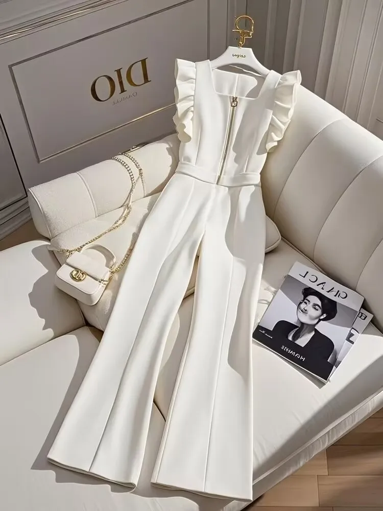 Women's Autumn High Waisted Draped Wide Leg Jumpsuit With Suspender Pants Female Korean Slim Elegant Style Temperament Pants ﻿