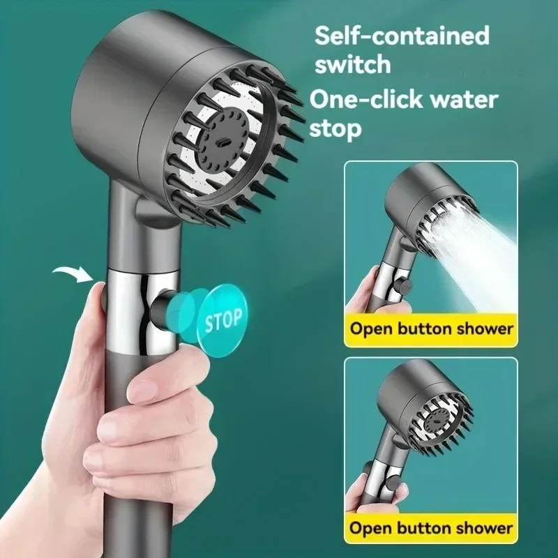 Shower Head High Pressure Filter Water-saving Shower Knobs Holder Hose 4-mode Spray with Massage Brush Bathroom Accessories 4
