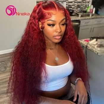 Burgundy 13x6 Hd Lace Frontal Human Hair Wig Deep Wave Curly Human Hair Wigs Water Wave Colored 99j Red 30 Inch Lace Front Wig 1