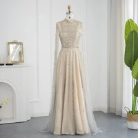 Luxury Dubai Grey Nude Arabic Evening Dresses with Cape Sleeves Elegant Women Formal Gowns for Wodding Party 428 1