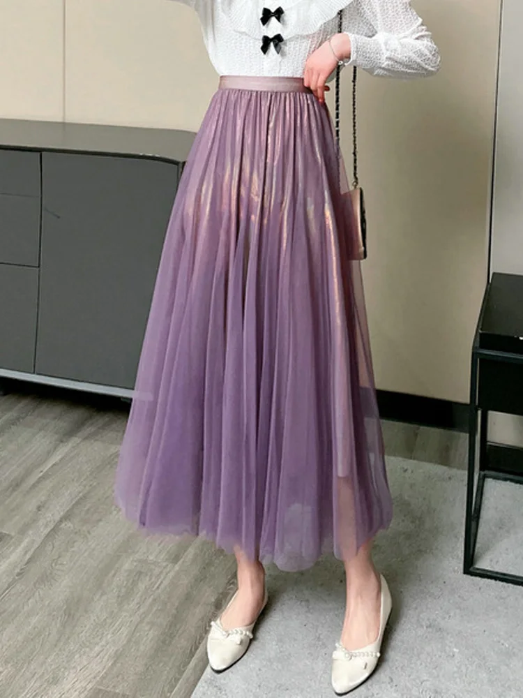 Solid Color Women Long Pleated Tulle Skirt Spring Summer 2022 High Waist Mesh Long Maxi Skirt Female Party Adult Tutu Skirt Lady skater skirt Skirts