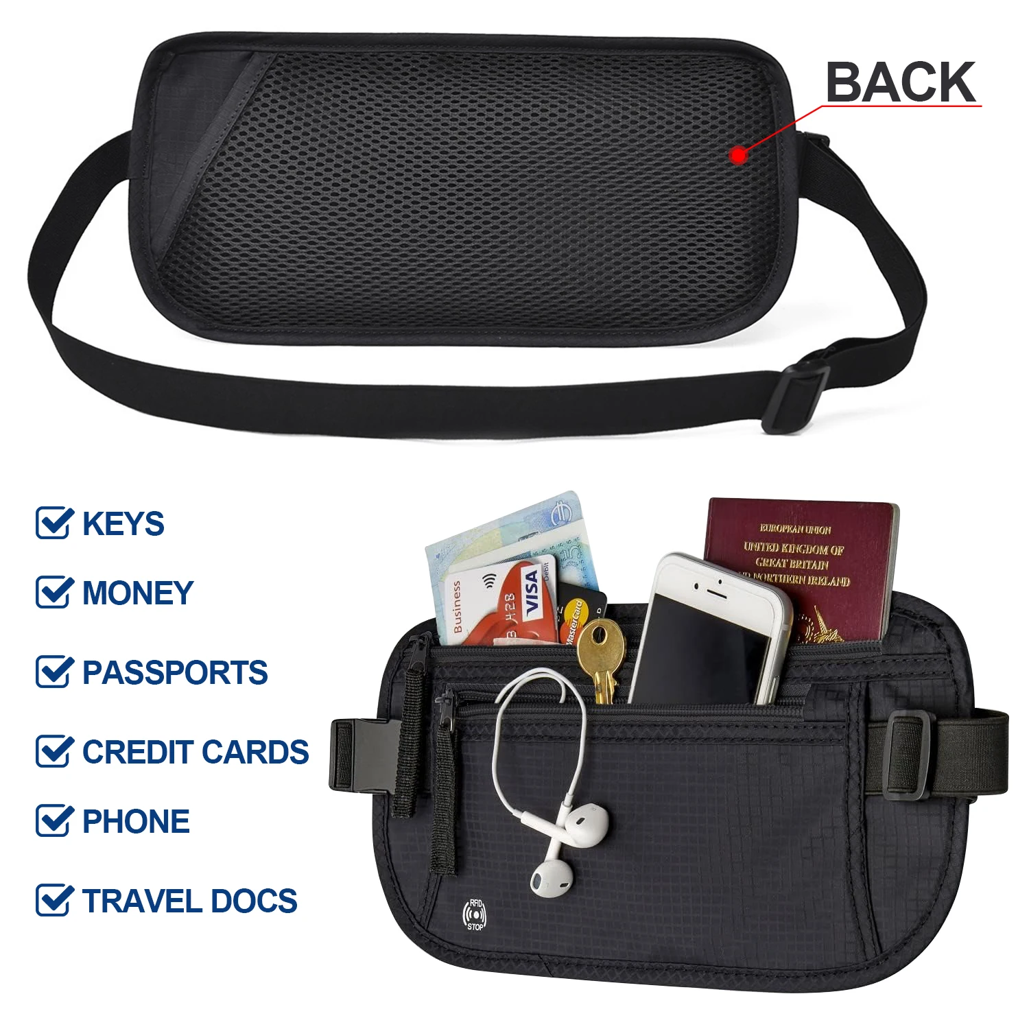 Portafoglio Da Viaggio Con Blocco RFID - Porta Passaporto Unisex Sottile In Nylon Nero, 16,5x11,4 Cm