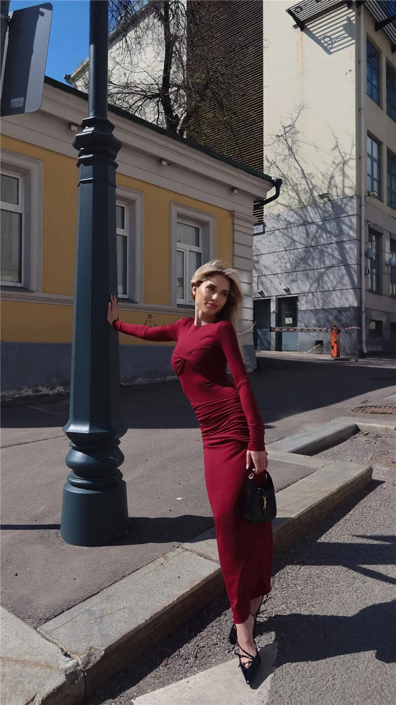 Long Sleeve Knit Dress For Women Fashion O Neck Strapless Bodycon Maxi Dress Ladies Knitted Pullover Sweater Dress