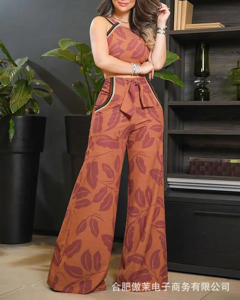 Girls 2024 Plant Printed Sleeveless Round Neck Open Navel Clothes and High Waist Pocket Wide Leg Pants Set the great wide open