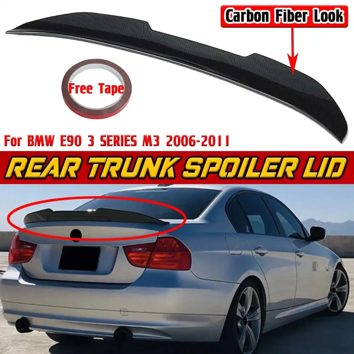 

Black/Carbon Fiber Look E90 Car Rear Trunk Lip Wing Lip PSM Style Rear Wing Spoiler For BMW E90 3 SERIES M3 2006-2011 Body Kit