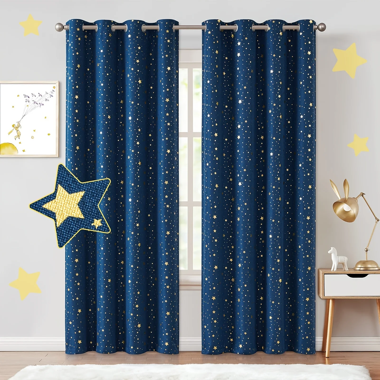 

2pcs Blackout Curtains For Bedroom, Modern Golden Foil Star On Faux Linen, Room Darkening Grommet Top Window Drapes, Shiny Star